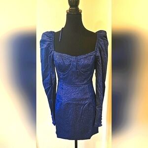 Lulus Navy Blue Brocade Long Sleeve Mini Dress - Size Small NWT